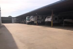 RV's in an outdoor storage facility in Roanoke Texas