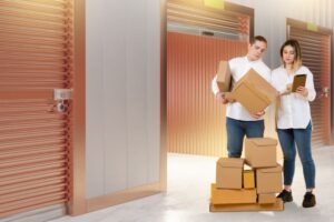 a couple organizing their self storage locker